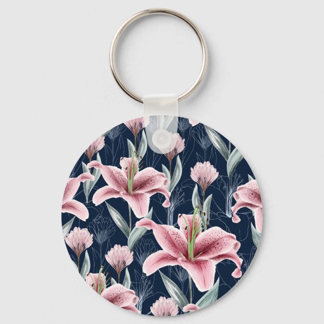 Pink Lilly Flower Seamless Pattern. Key Ring (Front)