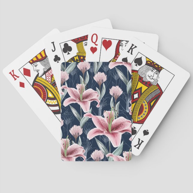 Pink Lilly Flower Seamless Pattern. Playing Cards (Back)