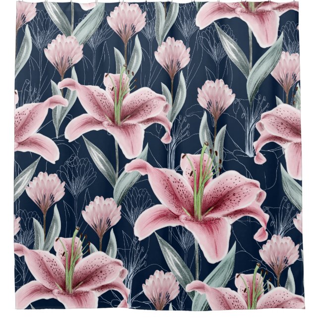 Pink Lilly Flower Seamless Pattern. Shower Curtain (Front)