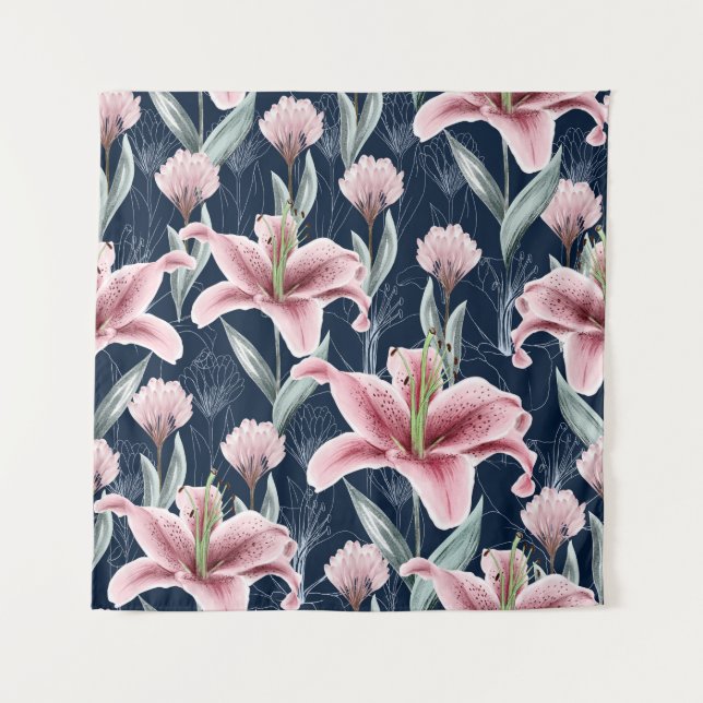 Pink Lilly Flower Seamless Pattern. Tapestry (Front)