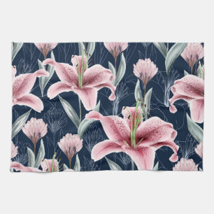 Pink Lilly Flower Seamless Pattern. Tea Towel