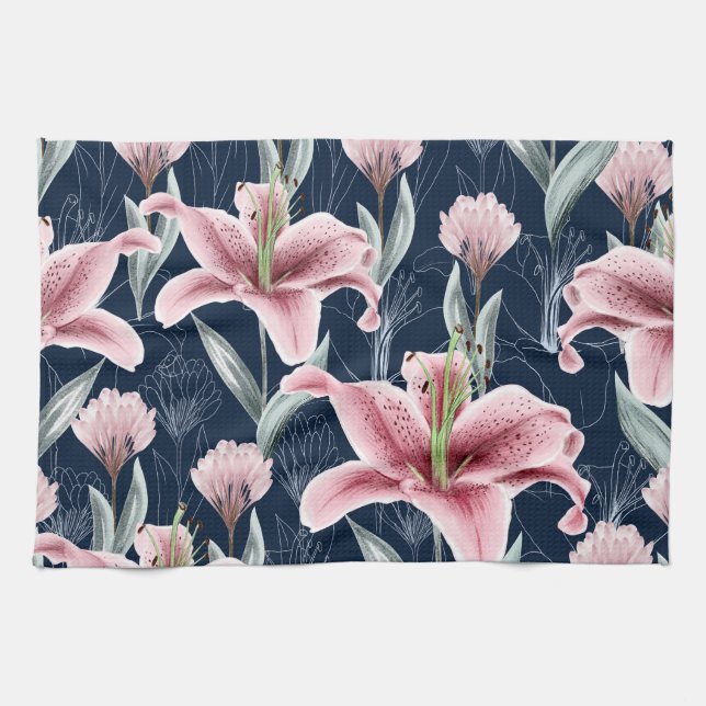 Pink Lilly Flower Seamless Pattern. Tea Towel (Horizontal)