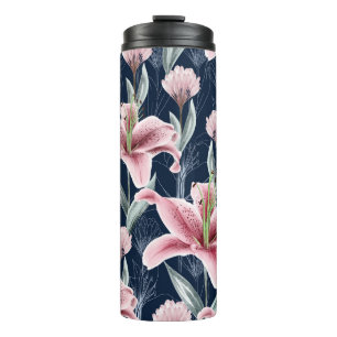 Pink Lilly Flower Seamless Pattern. Thermal Tumbler