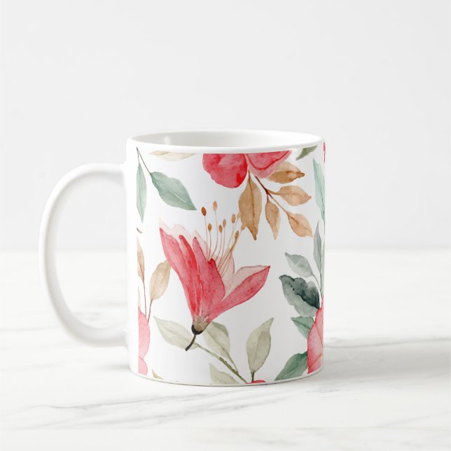 Pink Lilly Watercolor Floral Pattern  Coffee Mug (Left)