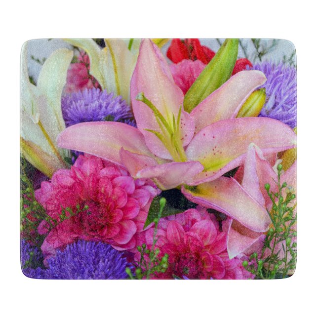 Pink lily and dahlia flower glass cutting board (Front)