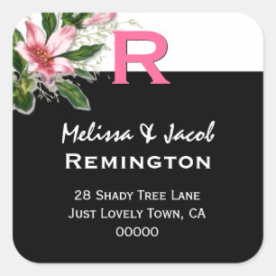 Pink Lily Black White Custom Monogram R Square Sticker