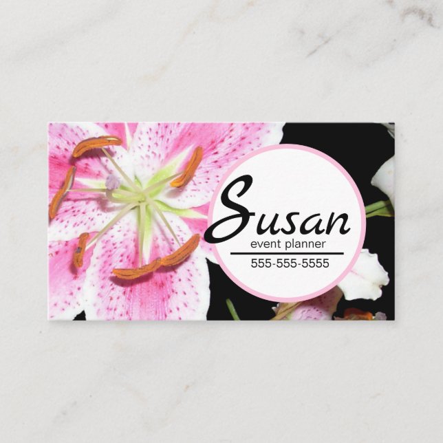 Pink Lily | Delicate Pink Lily Flower on Black Business Card (Front)