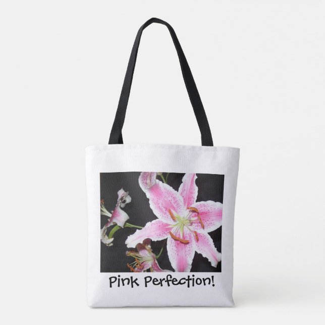 Pink Lily | Delicate Pink Lily Flower on Black Tote Bag (Back)