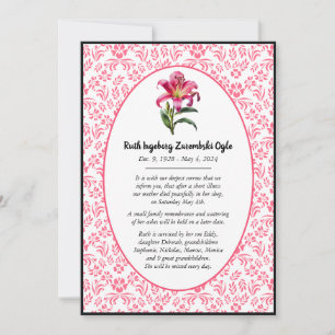 Pink Lily European Style Death Announcement Card