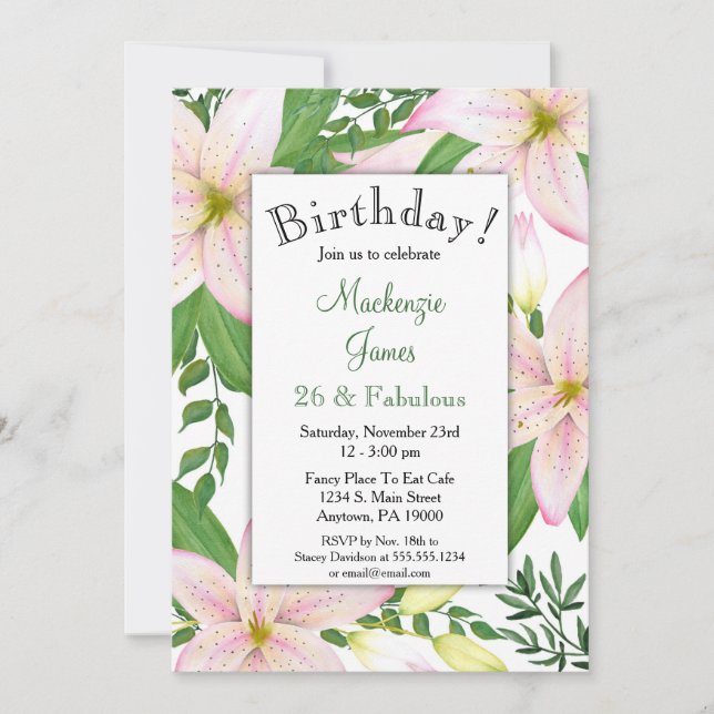 Pink Lily Floral Birthday Party Invitation Ladies (Front)