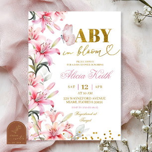 Pink Lily Floral Butterfly Baby in Bloom Invitatio Invitation