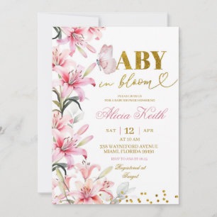Pink Lily Floral Butterfly Baby in Bloom Invitatio Invitation
