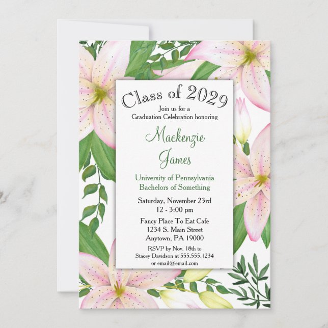 Pink Lily Floral Graduation Invitation Girls Woman (Front)