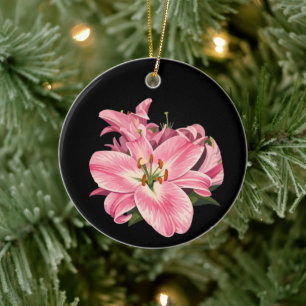 Pink Lily Flower Bouquet Ceramic Ornament