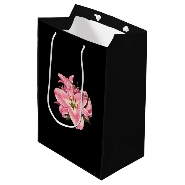 Pink Lily Flower Bouquet Medium Gift Bag (Front Angled)
