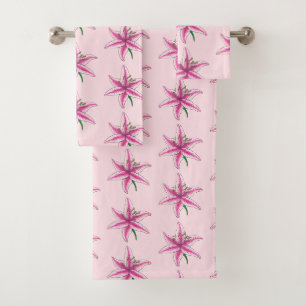 Pink Lily Flower Floral Print Garden Lilies Bath Towel Set
