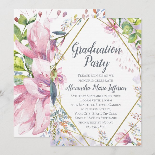 Pink Lily Flower Geometric Gold Girls Graduation Invitation (Front/Back)
