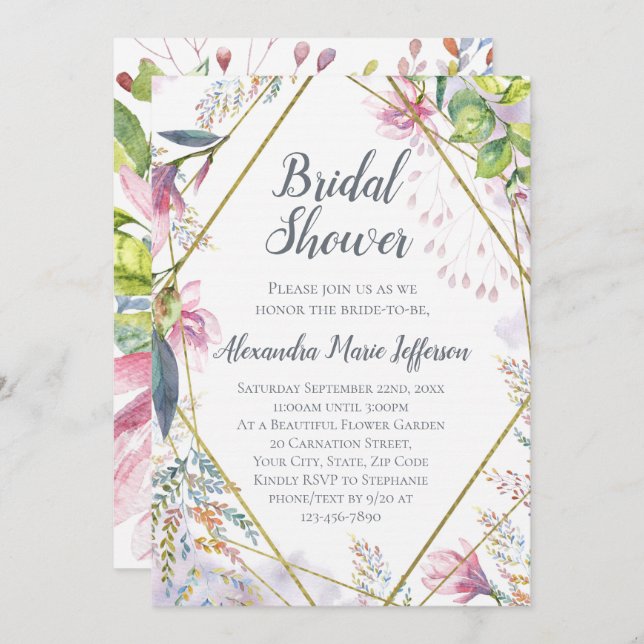 Pink Lily Flower Geometric Watercolor Wedding Invitation (Front/Back)