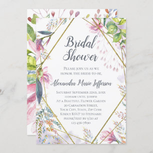 Pink Lily Flower Geometric Watercolor Wedding Invitation