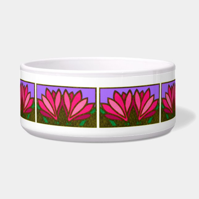 Pink Lily Flower Pattern Ceramic Dog Bowl (Front)