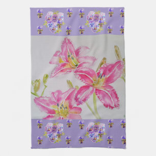 Pink Lily Flower Pink Watercolour Floral Flower Te Tea Towel