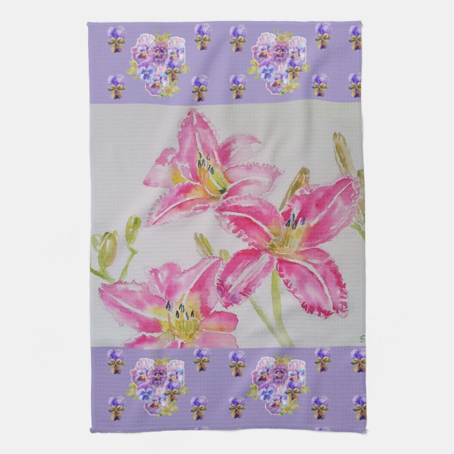 Pink Lily Flower Pink Watercolour Floral Flower Te Tea Towel (Vertical)