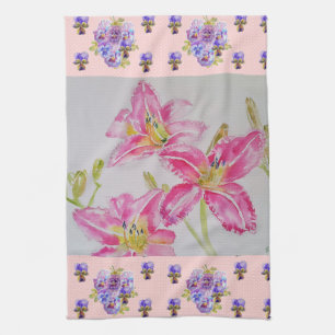 Pink Lily Flower Pink Watercolour Floral Flower Te Tea Towel
