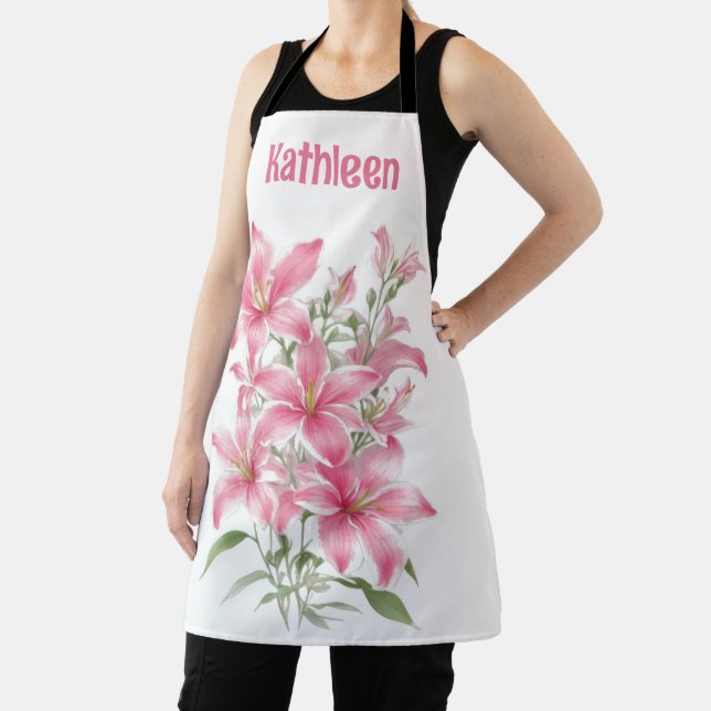 Pink Lily Flowers Personalised Apron (Insitu)