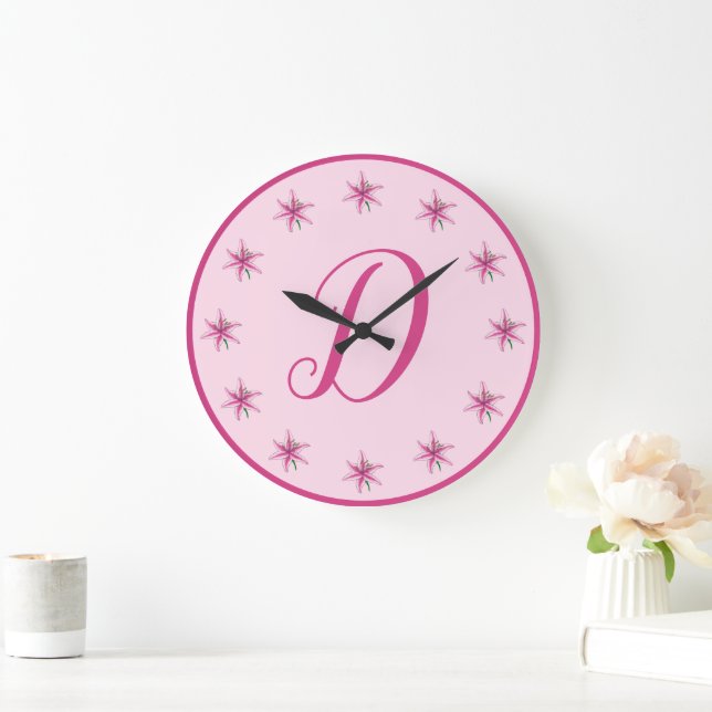 Pink Lily Lilies Spring Flowers Floral Initial Large Clock (Home)