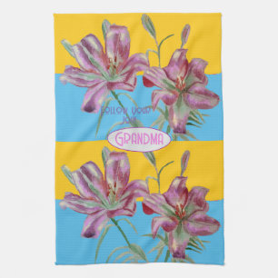 Pink Lily lillies art Grandma Name Decoration Tea Towel