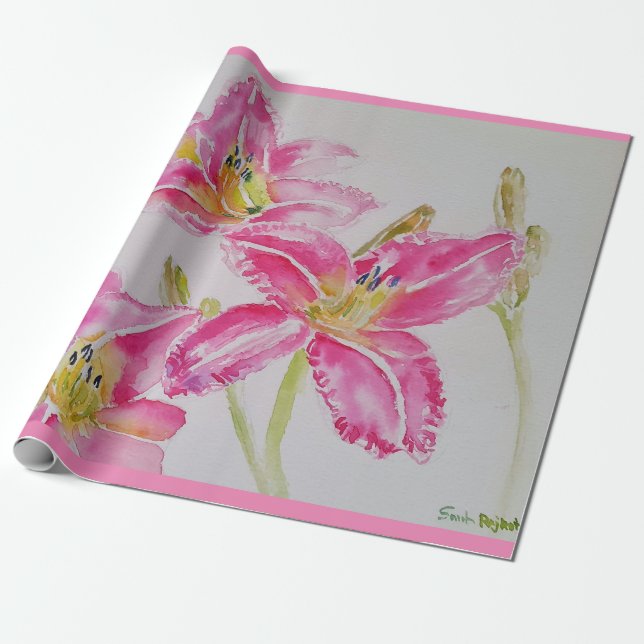 Pink Lily Lillies Flower Floral Watercolor Wrapping Paper (Unrolled)