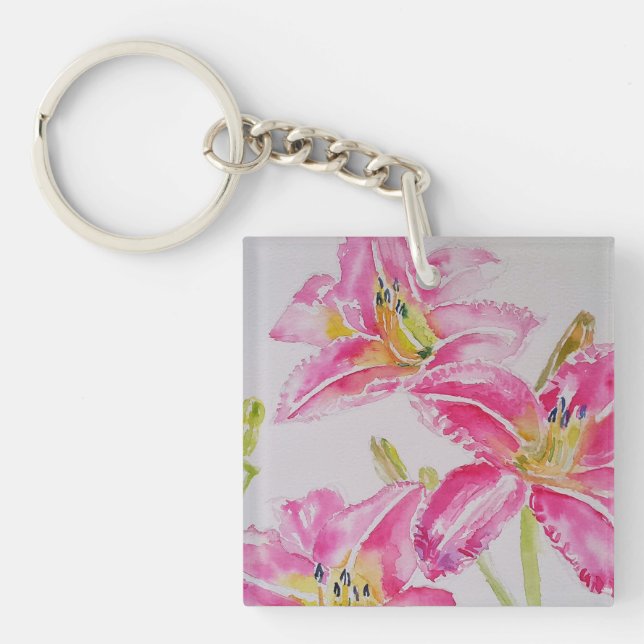 Pink Lily lillies Watercolor Painting Floral Key Ring (Front)