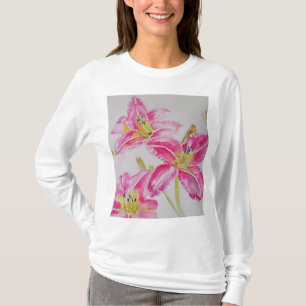 Pink Lily Watercolor floral flowers Womens T Shirt