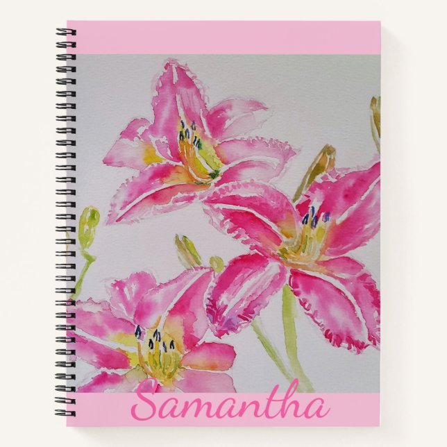 Pink Lily Watercolor floral Journal Notebook (Front)