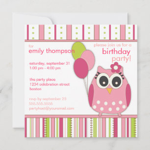 Pink & Lime Girly Owl Birthday Party Invitation