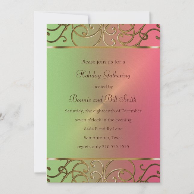 Pink Lime Green and Gold Holiday Party Invitation (Back)