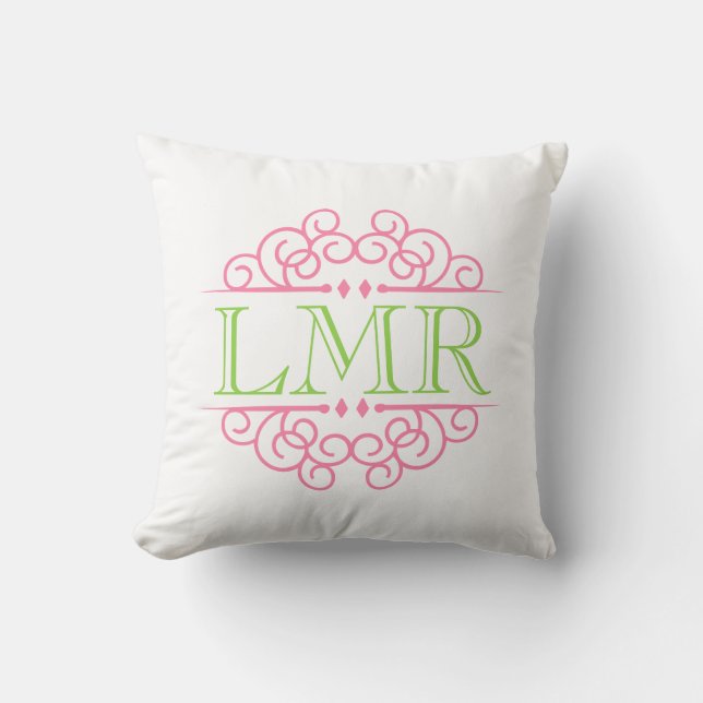 Pink & Lime Green Vintage Frame Monogrammed Cushion (Front)