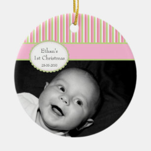 Pink Lime Stripe Baby's 1st Christmas Photo Ceramic Ornament