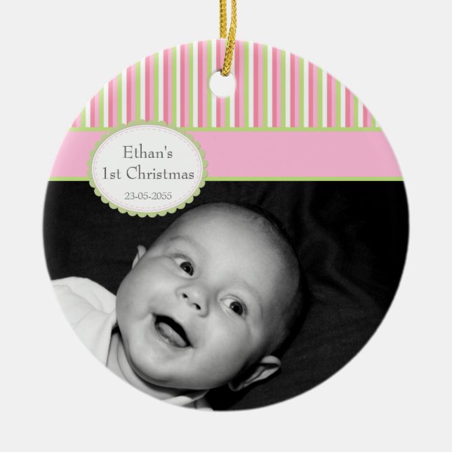 Pink Lime Stripe Baby's 1st Christmas Photo Ceramic Ornament (Front)