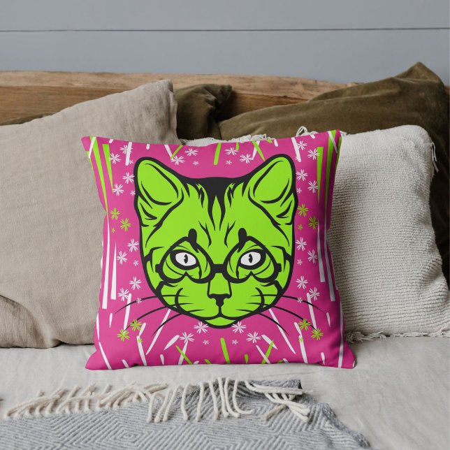 Pink Lime White Black Modern Cat Pattern Custom Cushion (Creator Uploaded)