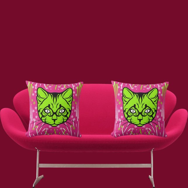 Pink Lime White Black Modern Cute Cat Colourful Cushion (Creator Uploaded)