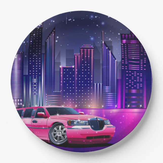 Pink Limo Limousine City Sweet 16 Birthday Party Paper Plate (Front)