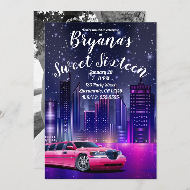 Pink Limo Limousine City Sweet 16 Birthday Photo Invitation (Front/Back)