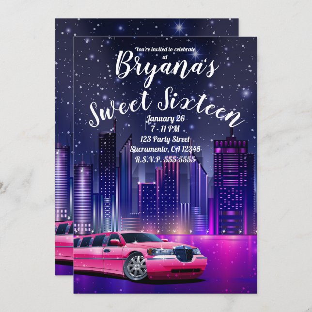 Pink Limo Limousine City Sweet 16 Birthday Photo Invitation (Front/Back)
