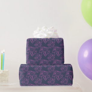 Pink Line Drawn Flower Pattern on Blue Wrapping Paper
