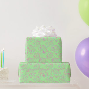 Pink Line Drawn Flower Pattern on Green Wrapping Paper