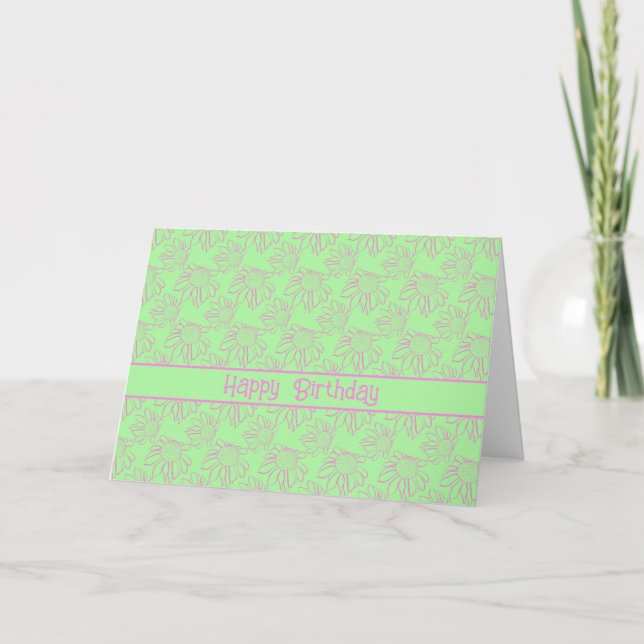 Pink Line Flower Pattern Green Happy Birthday Card (Front)
