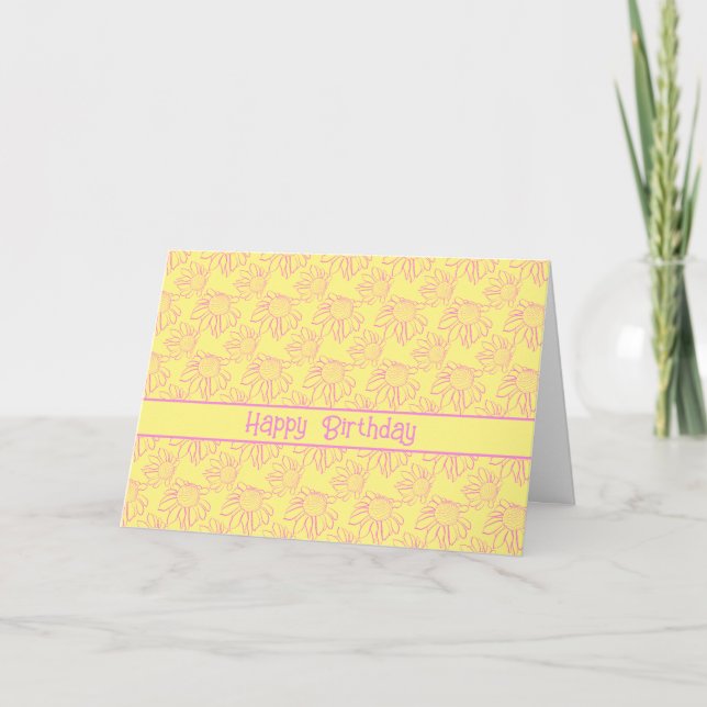Pink Line Flower Pattern Yellow Happy Birthday Card (Front)