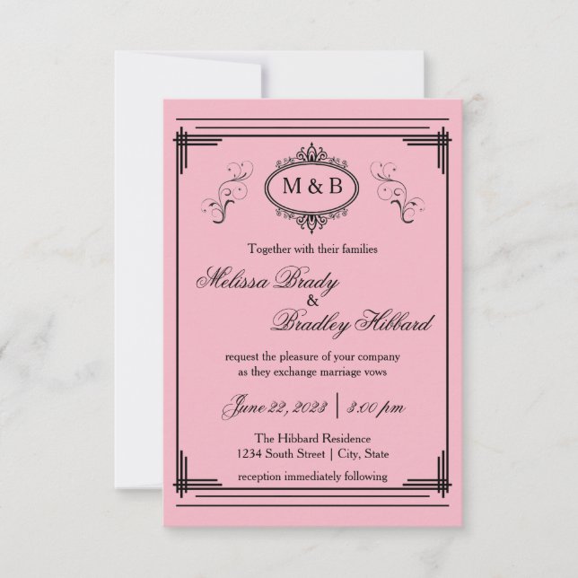 Pink Lined Frame - 3x5 Wedding Invitation (Front)