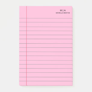 Pink Lined School Notebook Paper Monogram Post-it Notes